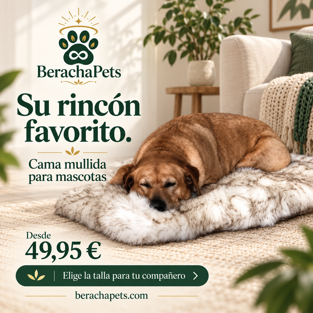 Cama mullida rectangular BerachaPets. Escena ilustrativa basada en el producto; elige la talla según sus medidas.
