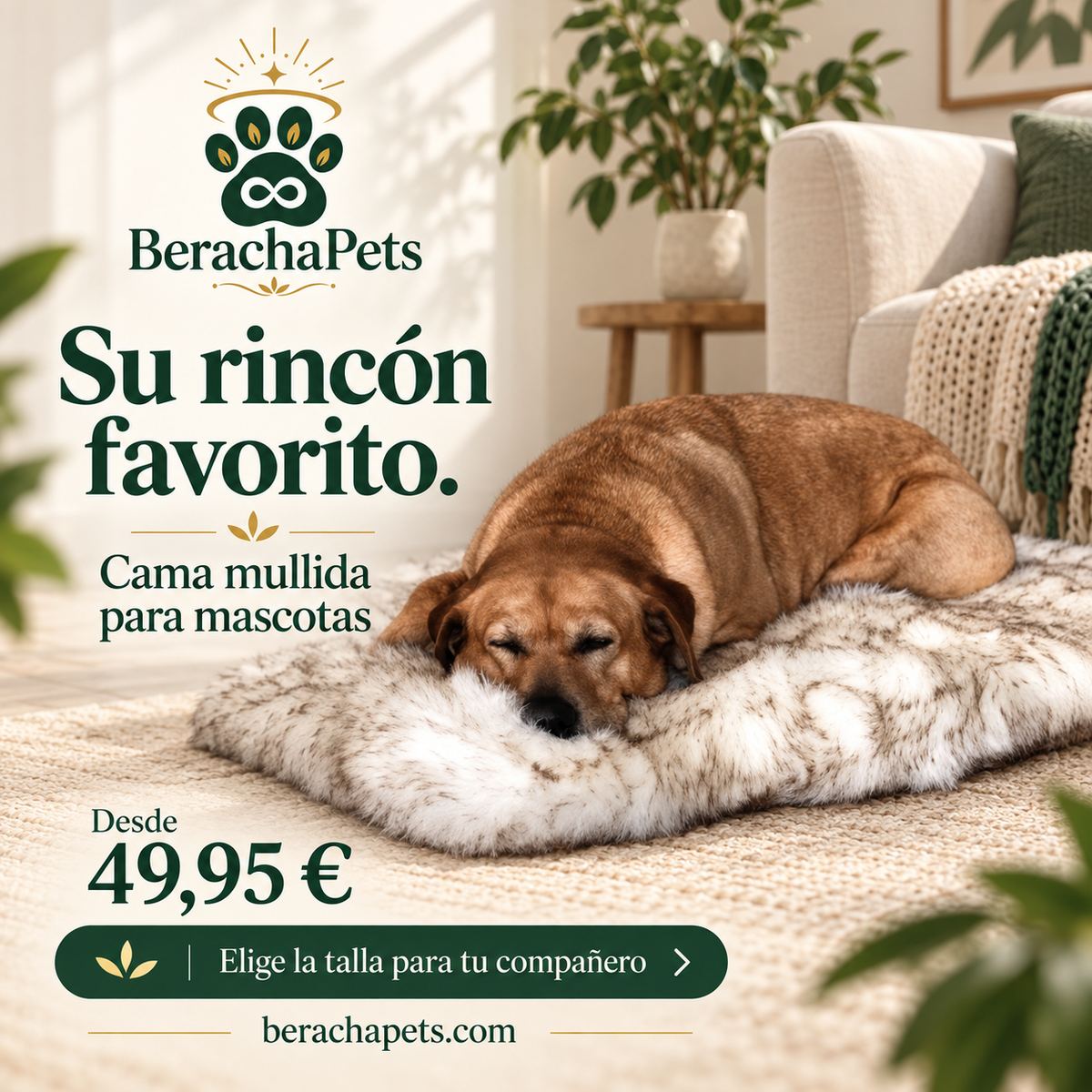 Cama mullida rectangular BerachaPets. Escena ilustrativa basada en el producto; elige la talla según sus medidas.