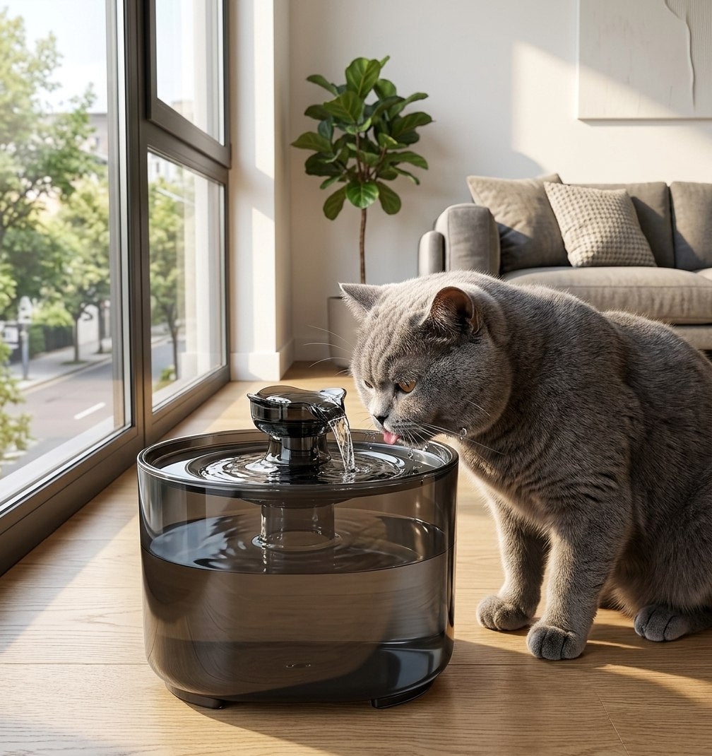Gato bebiendo de la fuente automática BerachaPets en casa