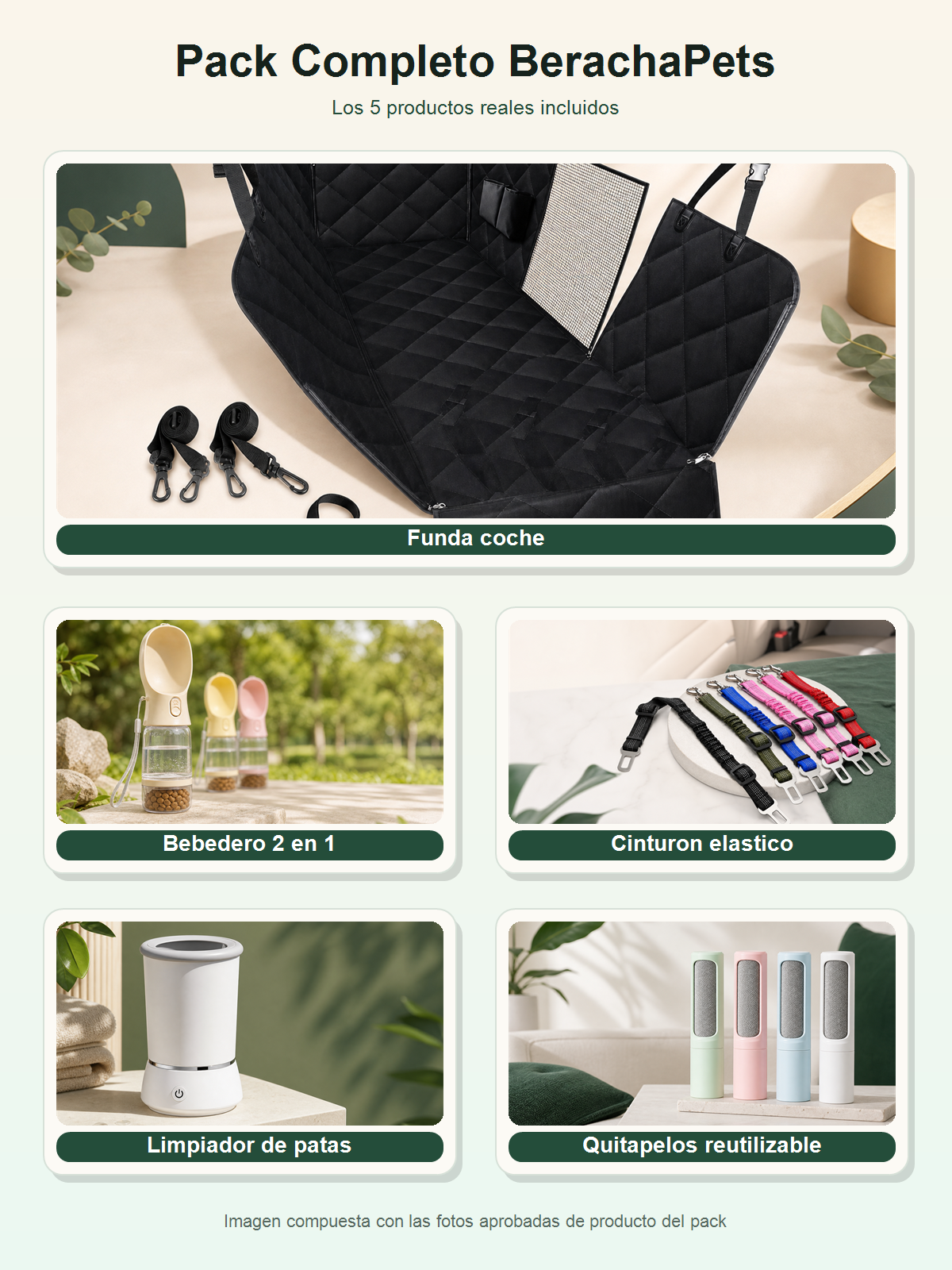 Pack Completo BerachaPets con funda de coche, bebedero, cinturon, limpiador de patas y quitapelos